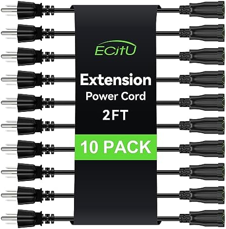 Power Extension Cord 2FT/24Inch(10 Pack), Short 3 Prong Electric Extension Cable Outlet Saver, Single Outlet, Heavy Duty, Waterproof, Flexible, 16 AWG, 13A 125V, Extender Wires with 15 Cable Ties by ECJTU-US