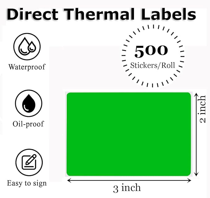 3" x 2" Thermal Labels Stickers Green, Thermal Printer Shipping Stickers - Image 2