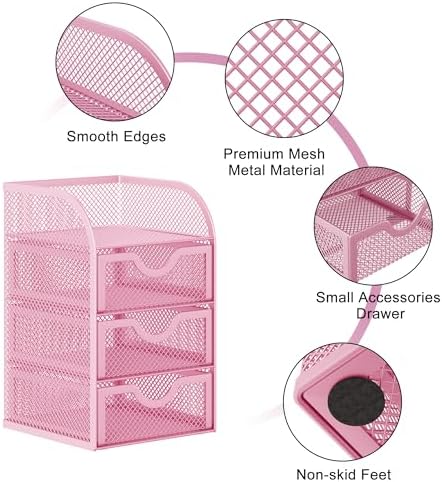 EasyPAG Mesh Desk Organizer with 3 Drawer Office Desktop Organizers and Accessories Stationery Caddy for Office, Home, Students, Pink - Image 3