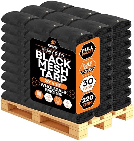 Heavy Duty Mesh Tarp 20' x 20' - Bulk Full Pallet (30 Pack) Multipurpose Black Protective Cover with Air Flow - Use for Shade, Fences, Canopies, Dump Trucks – Weatherproof & Durable by Xpose Safety by XposeSafety