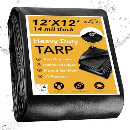 Winpull Heavy Duty Tarp 14 Mil Tarp Waterproof Black 12x12 FT, UV Resistant Poly Tarp with Reinforced Grommets for Camping, Boat Cover, Patio Furniture, Roof, Firewood Pile by Winpull