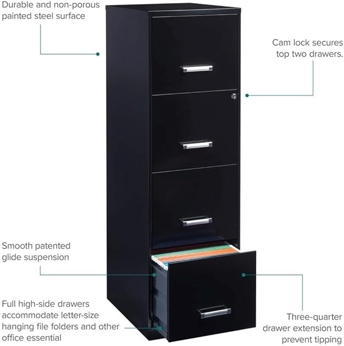 Scranton & Co 18" Deep Light Duty 4 Drawer Metal Letter Filing Cabinet in Black - Image 9
