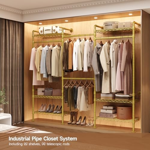 3-Bay Industrial Pipe Closet System, Wall Mounted Garment Racks, Gold - Image 2