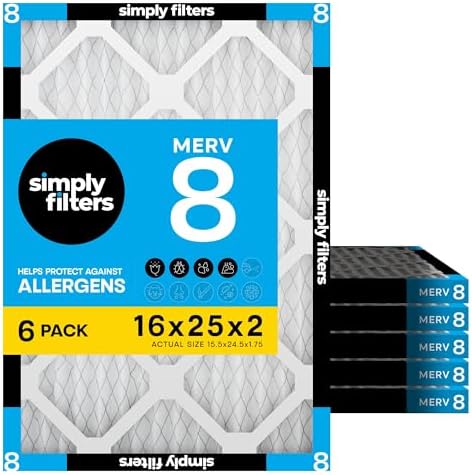 Simply 16x25x2 Air Filter, MERV 8, 6 Pack, Furnace Air Filter for HVAC (Actual Size:15.5"x24.5"x1.75") DUST, Pet, & Allergy Control by SimplyFilters