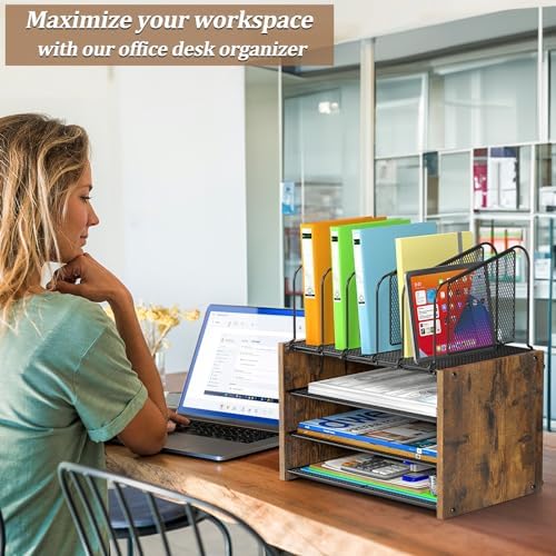 4-Tier Desk Organizer, Desk File Organizer with 5 Vertical File Holders, Office Desktop Organizer with 3 Level Paper Organizer Letter Tray, Wooden Desk Organizers and Accessories for Home Office - Image 7