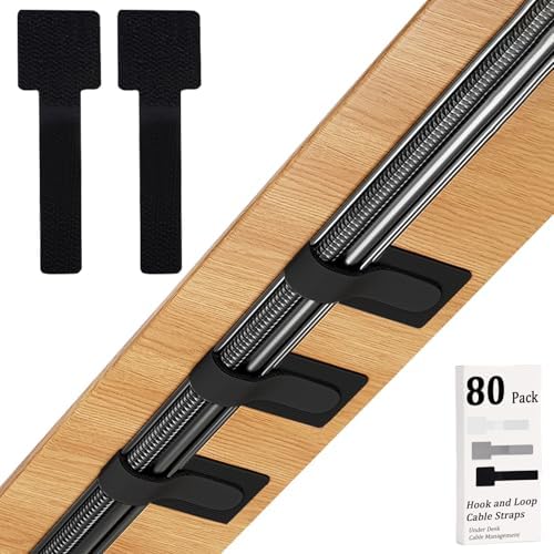 80PCS Hook and Loop Cable Straps, Cable Management Under Desk, Adhesive Cable Ties, Reusable Wire Organizers for Cords, Cords Management, Computer Accessories for Desk, Home Office Essentials, Black by Sereficy