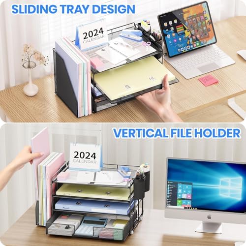OPNICE Desk Organizer, 4-Tier Desktop File Organizer with Drawer and Pen Holders, Office Desk Accessories, File Sorters, Workspace Organizers for Office Supplies(Black 2-Pack) - Image 5