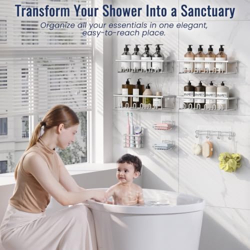 8 Pack Adhesive Bathroom Holders & Dispensers for Kids & Adults, Silver - Image 4