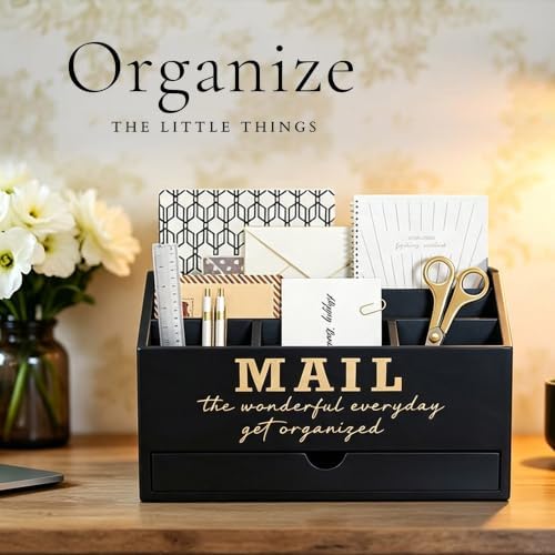 EXQUIDECA Wooden Black Rustic Countertop Mail Storage Holder with Drawer and Compartments - Office Desk Accessories and Workspace Organizers - Desktop Sorter for Pen Stationery Letter Files Documents - Image 4