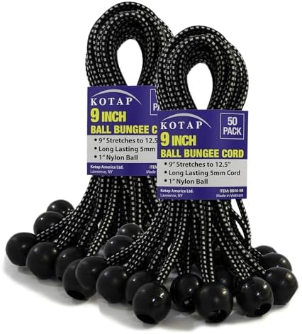 Kotap BB-9B Ball Bungee Cord, Heavy-Duty & Versatile, Indoor & Outdoor, Tarp Tie-Down, Organize & Secure, 9-Inch, Black, 50 Pack by Kotap