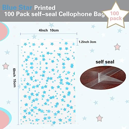 100 Pcs Star Printed Sealable Gift Wrap Cello Cellophane Bags Self sealing Adhensive Treat Bags Party Favor bags (4x6inch, Blue) - Image 2