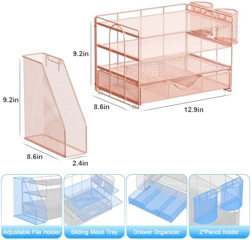 gianotter Desk Organizers and Accessories with File Holder, 4-Tier Desk Accessories & Workspace Organizers with Drawer and 2 Pen Holder, Paper Organizer for Office Supplies (Rose Gold) - Image 5
