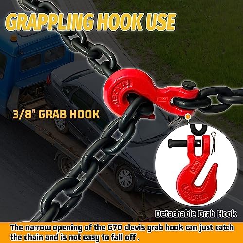 G80 Safety Binder Chain, 3/8"20 FT, 7100 lbs WLL Heavy Duty Tow Chain with Clevis Grab Hooks, Trailer Log Chocker Accessories (Oiled Black) - Image 3