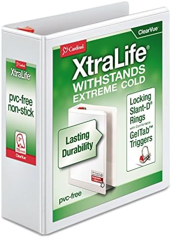 Cardinal 3 Ring Binder, 5 Inch Heavy Duty XtraLife Binder, Locking Slant-D Rings, Crack-Resistant Cover & Spine, ClearVue Covers with Shelf Pull, Holds 1,100 Sheets, White (26350) - Image 4