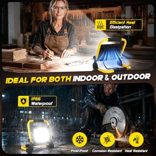 LED Work Light, 12000LM 6500K Portable Work Light with 5FT Cord, IP66 Waterproof Flood Lights Outdoor with Stand & Switch, Bright Indoor Outside Lighting for Job Site Construction Car Repairing Garage - Image 5