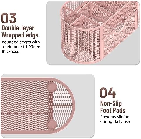 Mesh Desk Organizer with Drawer, 9-Compartment Pen Holder for Desk, Pink - Image 6
