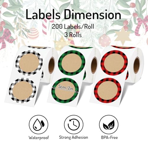 Whaline 600 Pcs Christmas Direct Thermal Labels Stickers Colorful Xmas Plaid Self-Adhesive Printer Decals for DIY Candle Name Tag Logo Design, 3 Rolls - Image 2