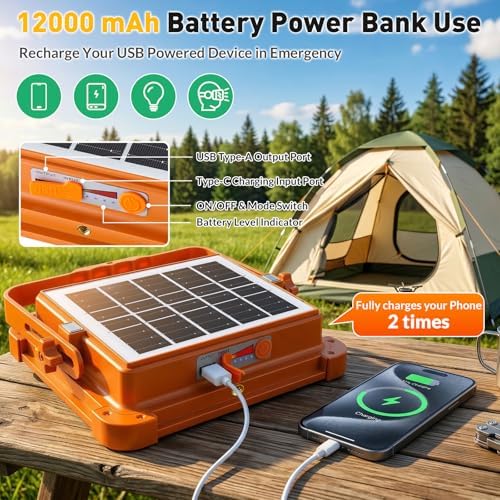 2-Pack Solar Rechargeable Work Light, 12000LM Portable Work Light with 12000mAh Battery, LED Flood Lights with 5 Modes, Outdoor Waterproof Job Site Lighting for Camping Repair Emergency Fishing - Image 2