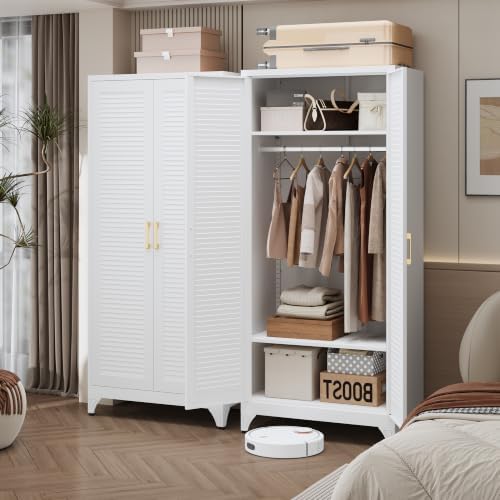 Steeloong 71"Armoire Wardrobe Close,White Wardrobe Cabinet with Hanging Rod - Image 2