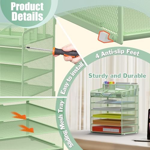 Docnest 6 Tier Mesh Desk Organizer with Letter Tray & Paper Sorter, Green - Image 5
