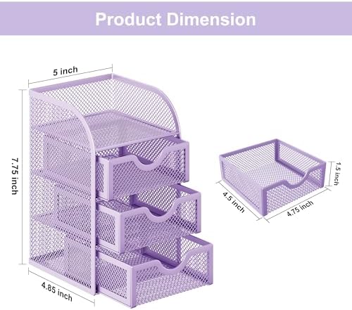EasyPAG Mesh Desk Organizer with 3 Drawer Office Desktop Organizers and Accessories Stationery Caddy for Office, Home, Students, Purple - Image 7