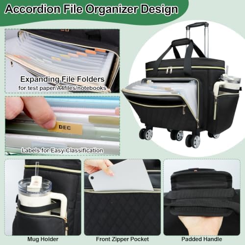 SIYNPAV 5-Wheeled Rolling Teacher Bag with Detachable Trolley, 15.6 Inch Laptop Sleeve & Accordion File Organizer, Large Capacity Teacher Tote with Cup Holder for School Office, Black - Image 4
