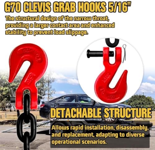 G80 Transport Binder Chain 5/16" x15ft - 4900 lbs WLL Heavy Duty Tow Chain for Trailers & Trucks - G70 Clevis Grab Hooks (Oiled Black) - ASTM A306 Compliant - Image 4
