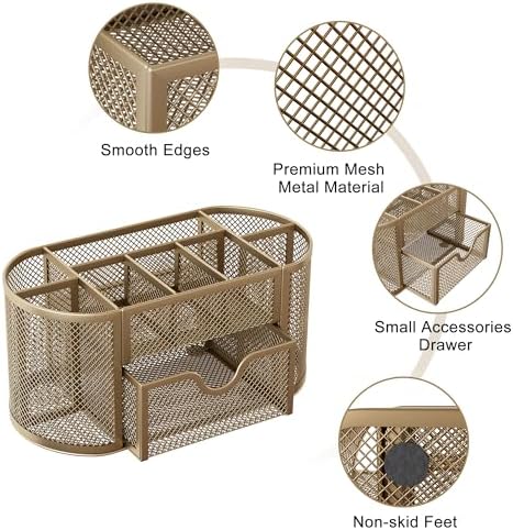 EasyPAG Mesh Pen Holder Desk Organizer with Drawer Stationery Supplies Organizer for Dorm School 9 Compartments Workspace Desk Accessories Organization for Office, Gold - Image 3