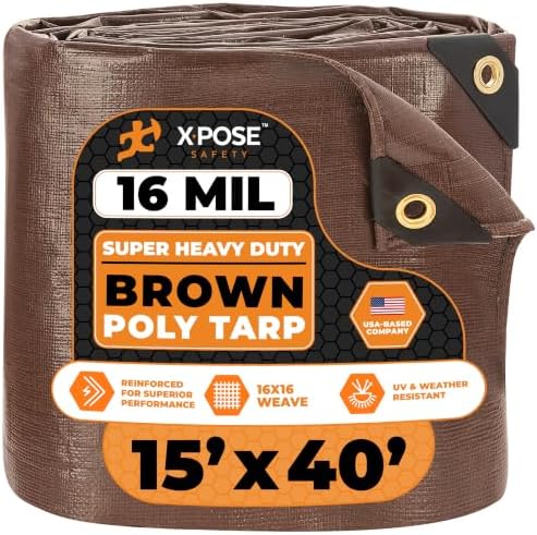 15' x 40' Super Heavy Duty 16 Mil Brown Poly Tarp Cover - Thick Waterproof, UV Resistant, Rip and Tear Proof Tarpaulin with Grommets and Reinforced Edges - by Xpose Safety by XposeSafety