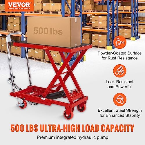VEVOR TF23 Hydraulic Lift Table Cart, 500lbs Capacity 28.5" with 4 Wheels and Non-Slip Pad, for Material Handling and Transportation, Red - Image 2
