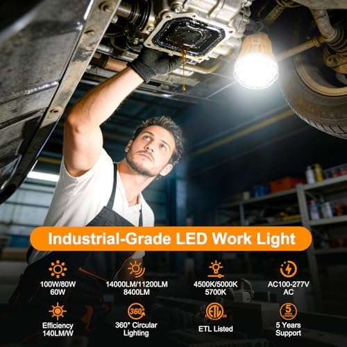LED Temporary Work Light 100W 80W 60W Adjustable, Linkable Construction Lights 4500K 5000K 5700K Tunable, 14000LM ETL Portable Hanging Work Lighting Workshop Jobsite Light Outdoor - Image 2