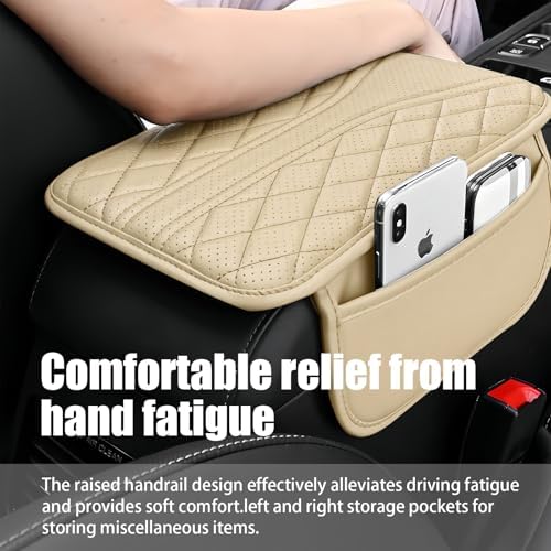 Car Center Console Cover with 2 Storage Bags, Leather Armrest Pad, Beige - Image 4