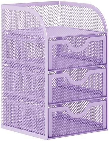 EasyPAG Mesh Desk Organizer with 3 Drawer Office Desktop Organizers and Accessories Stationery Caddy for Office, Home, Students, Purple - Image 2
