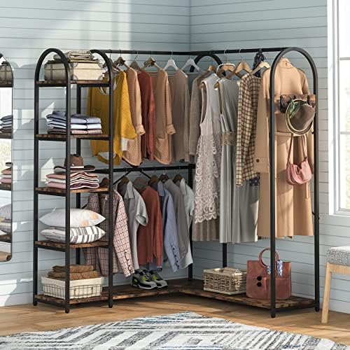 Tribesigns L-Shaped Garment Rack with Shelves, Heavy Duty Corner Clothes Rack with Coat Hooks, Anti-toppling Device, Cloth Hanger Standing Clothing Racks for Hanging Clothes, Rustic Brown - Image 3