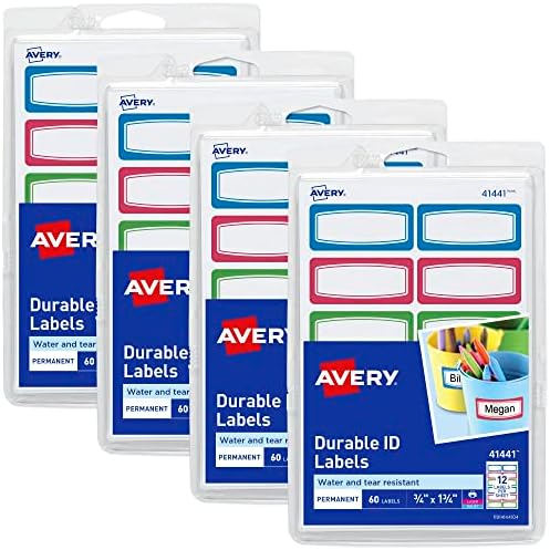 Avery Durable Labels for Kids' Gear, 3/4" x 1-3/4", Assorted Border Colors, Water-Resistant Labels, 4 Packs, 240 Stickers Total (21943) by Avery