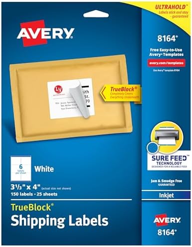 Avery Printable Shipping Labels with Sure Feed, 3-1/3" x 4", White, 150 Blank Mailing Labels (8164) by Avery