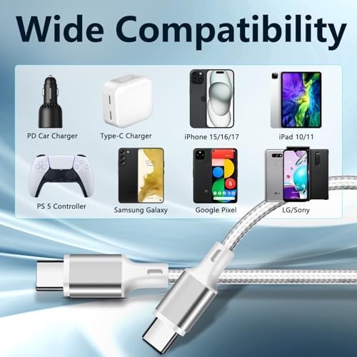 60W USB C to USB C Cable, 3 Pack 10ft Type C Fast Charger Cord (Silver) - Image 6