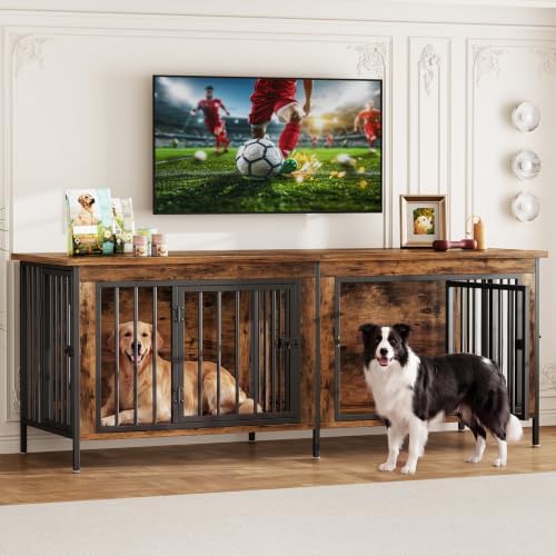 DUMOS 63" Dog Crate Furniture for 2 Dogs with Divider, Rustic Brown by DumosLifestyle