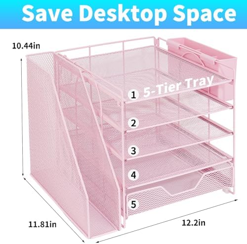5-Tier Desk File Organizer with Drawer & Pen Holder (Pink) - Image 2