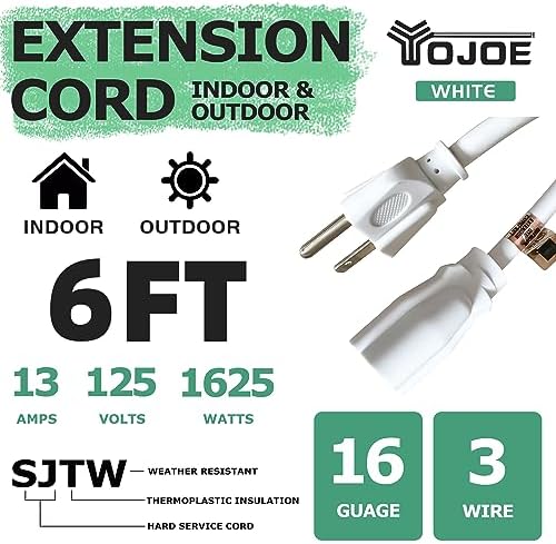 YOJOE Indoor Outdoor Extension Cord, 3 Prong 13A Weatherproof Power Cord, 16 Gauge Heavy Duty 6 ft White Extension Cord for Garage, Garden and Home, 16/3 SJTW UL Listed - Image 2