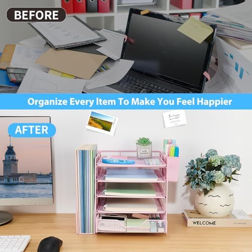5-Tier Desk File Organizer with Drawer & Pen Holder (Pink) - Image 4