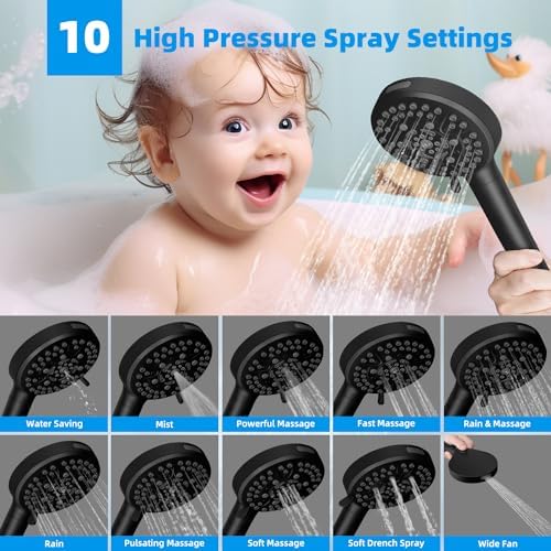 Hibbent All Metal 12'' Dual Filtered Rainfall Shower Head Combo, High Pressure Handheld Shower Head with 12'' Adjustable Curved Extension Arm, 20 Stage Shower Filter, 10-spray, 71'' Hose, Matte Black - Image 2