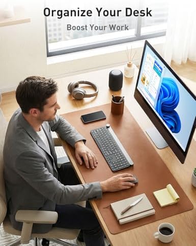 Aothia Faux Leather Desk Mat - Non-Slip PU Leather Desk Blotter, Waterproof Writing Surface, Large Desk Pad for Office & Home (Brown, 55" x 24") - Image 3