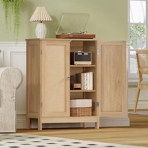 Iwell Storage Cabinet, Rattan Cabinet with Adjustable Shelf, for Living Room, Entryway, Kitchen, Home Office, Nature - Image 2