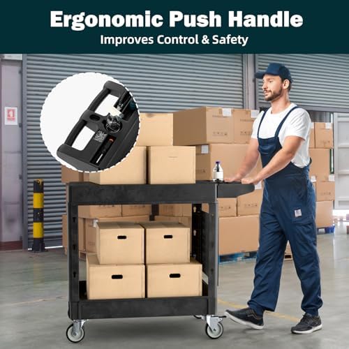 Heavy Duty Utility Service Tool Cart, 39 x 17 in, 2 Shelf Flat Top Rolling Cart with Hanging Board, 550LBS, Swivel Wheels, Ergonomic Handle for Garage, Warehouse, Office, Workshop, Auto Repair - Image 5