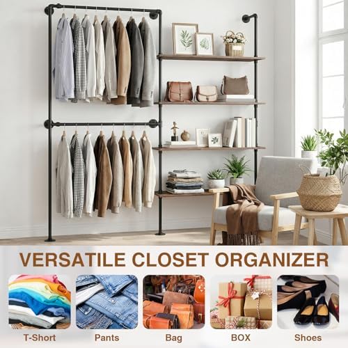 Industrial Pipe Clothing Rack with Double Hanging Rods Wall Mounted Garment Hanger Large Capacity Heavy Duty Clothes Organizer Wooden Clothes Storage Shelves for Walk In Closet Storage/Laundry Room - Image 4