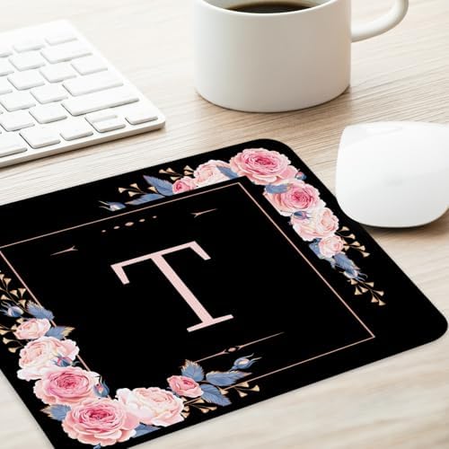 Letter T Black and Pink Flowers Square Mouse Pad, Mouse Pad with Stitched Edge and Non-Slip Rubber Base,Mouse Mat,Home Office Decor Desk Accessories,9.4x7.8x0.12 inch Square Mouse Pad - Image 3