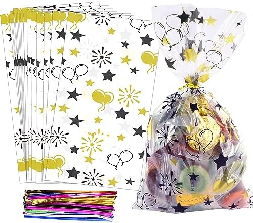 COQOFA 100 Pcs Black Gold 6"X10" Star Printed Gift Wrap Cellophane Bags with Twist Ties for Birthday, Graduation, Wedding, Christmas, Halloween by COQOFA