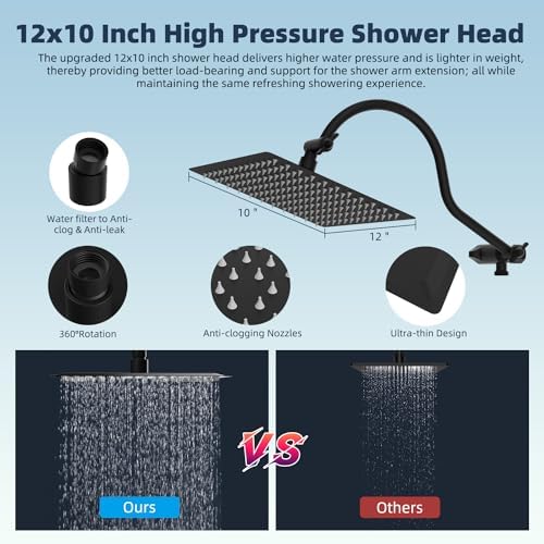 Hibbent All Metal 12'' Dual Filtered Rainfall Shower Head Combo, High Pressure Handheld Shower Head with 12'' Adjustable Curved Extension Arm, 20 Stage Shower Filter, 10-spray, 71'' Hose, Matte Black - Image 6
