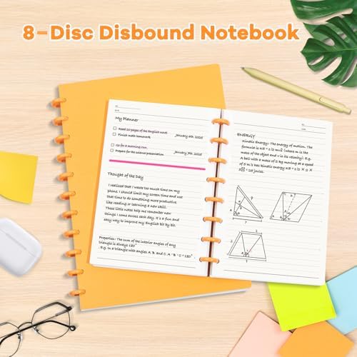 Discbound Notebook, 8-Disc Disbound Planner with Removable Pages, 180 Pages Spiral Notebook, Poly Cover Discbound Planner for Work, Travel, Note Taking(With Index Sticker),Orange,A4 - Image 4